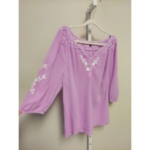 Talbots Cotton‎ Embroidered Floral Peasant Blouse FLAW Purple M Boho Cottage